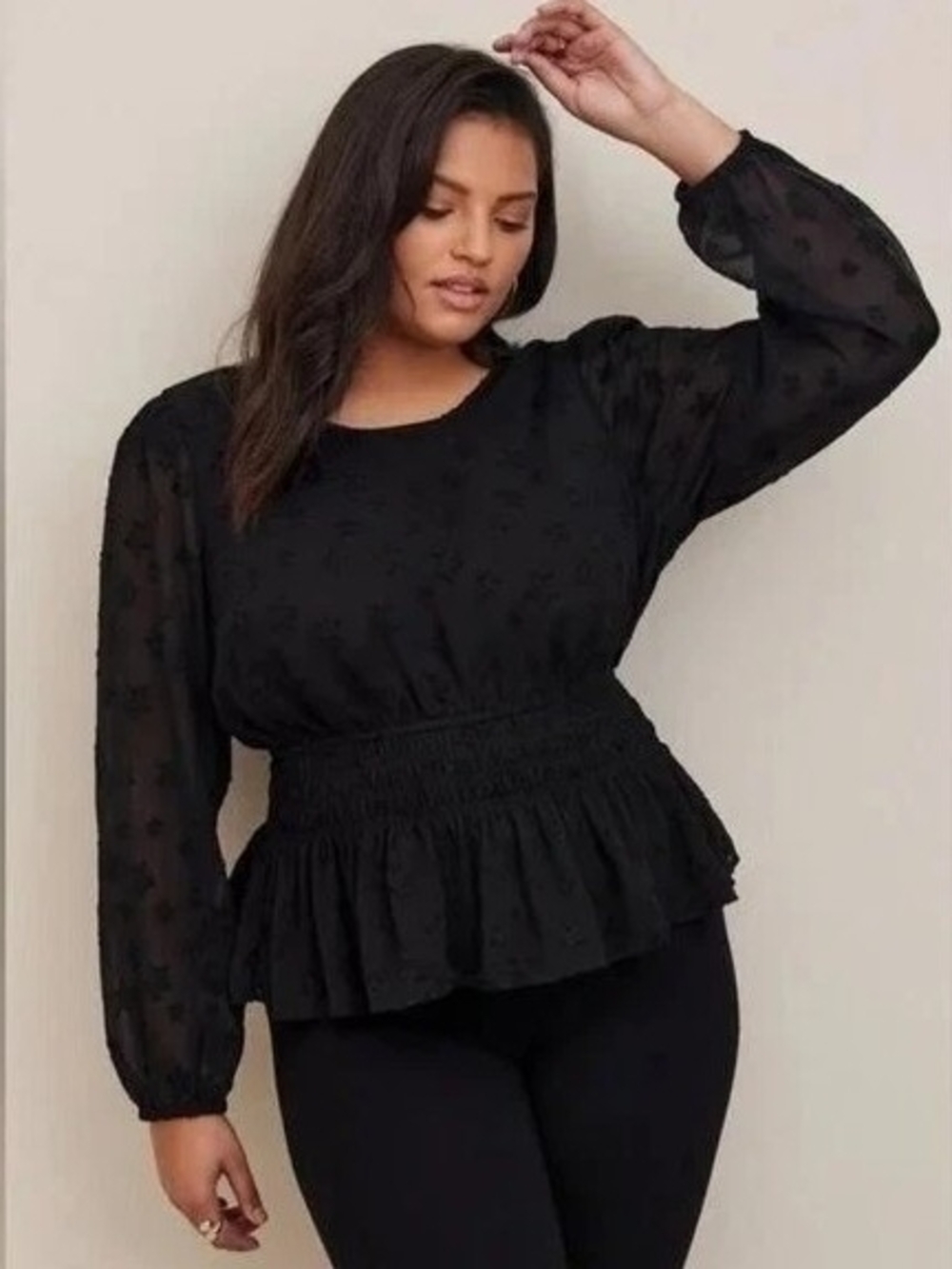 Torrid Black Jacquard Star Sheer Peplum Blouse | Smocked Waist Long Sleeve Top